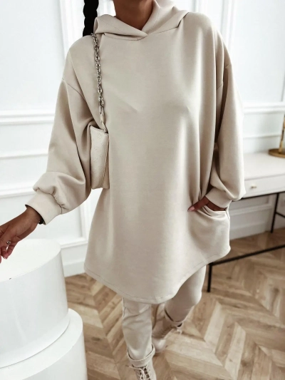 Beżowa bluza oversize tunika z kapturem i kieszeniami Jenefer