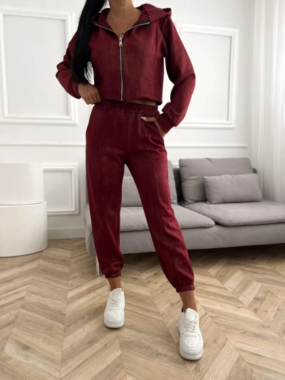 Komplet damski bordowy – bluza na suwak i joggery Komplet damski bordowy – bluza na suwak i joggery