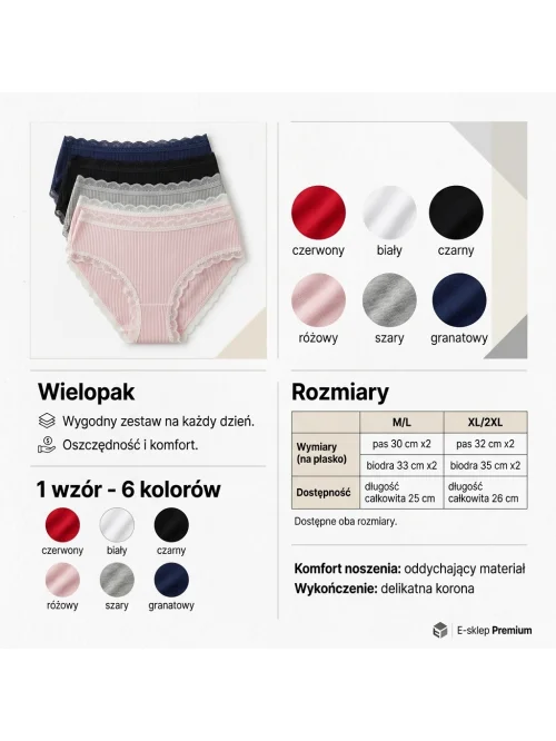 Figi damskie prążkowane z koronką 7 szt. mix kolorów