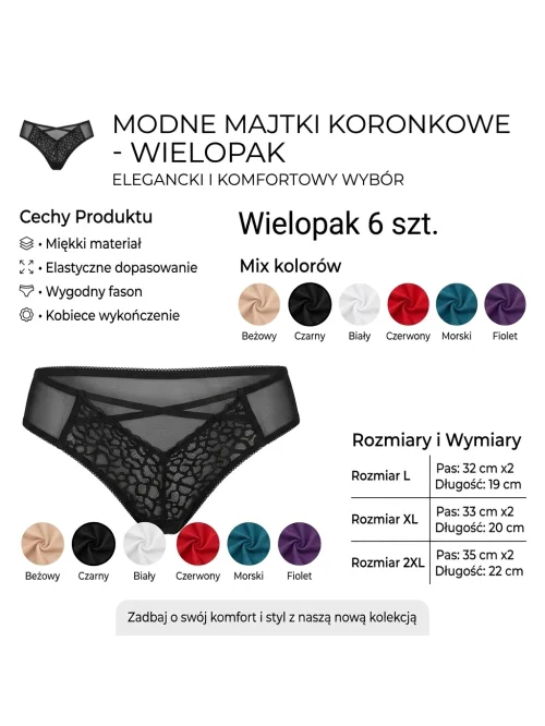 Majtki damskie z siateczki 6 szt. mix kolorów