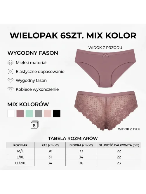 Figi damskie 6sz z koronkowym tyłem i kokardką