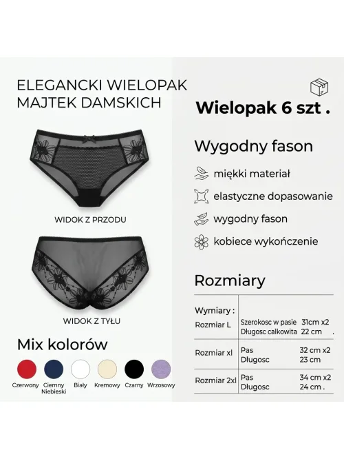 Majtki damskie figi siateczkowe 6 szt. mix kolorów