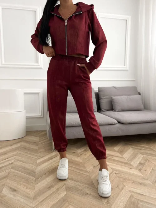 Komplet damski bordowy – bluza na suwak i joggery