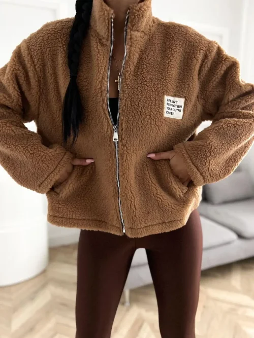 Kurtka teddy camel, pluszowa, długość do bioder